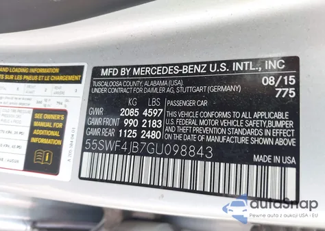 2016 Mercedes-Benz C 300 Luxury/Sport z USA, uszkodzony, nr VIN 55SWF4JB7GU098843